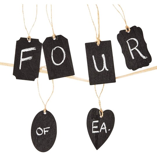 Genie Crafts 24-Piece Mini Wooden Chalkboard Tag Labels with String for Gifts, Mason Jars, DIY Crafts, 6 Designs, 3 x 2 Inches